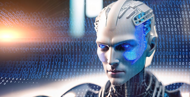 Artificial intelligence AI head with neural network brain man face in cyberspace Machine learning Mind of cyborg or robot in vr reality binary background