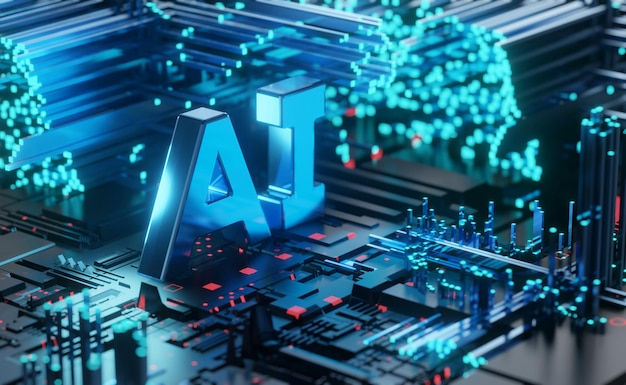 Artificial Intelligence AI machine learning innovation technology on circuit board 3d rendering