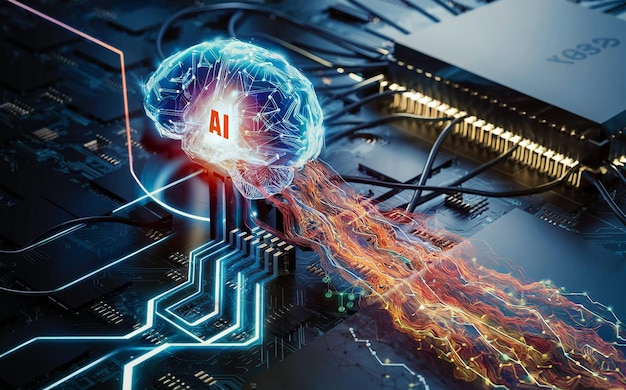 Photo artificial intelligence brain interface with electronic circuits generated by ai