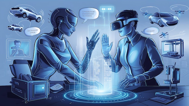 Artificial Intelligence business man shaking hand with digital partner machine on abstract cyber