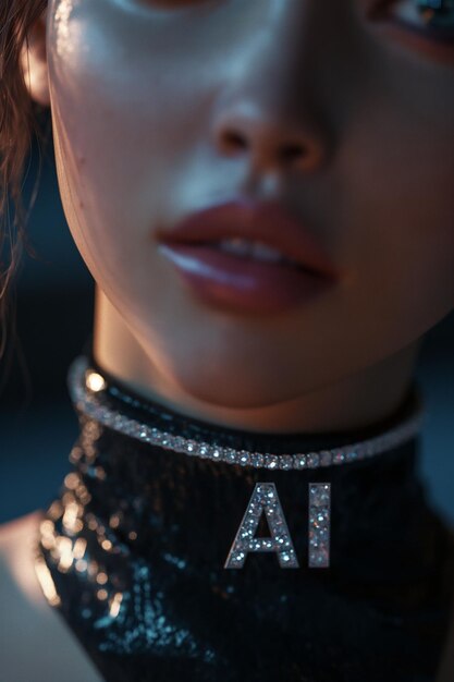 Photo artificial intelligence concept ai letters on necklace technology fashion futuristic style innovation modern jewelry ai imagery concept cyborg woman avatar human and artificial intelligence