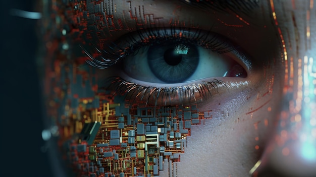 Artificial intelligence concept Close up of human eye with circuit board