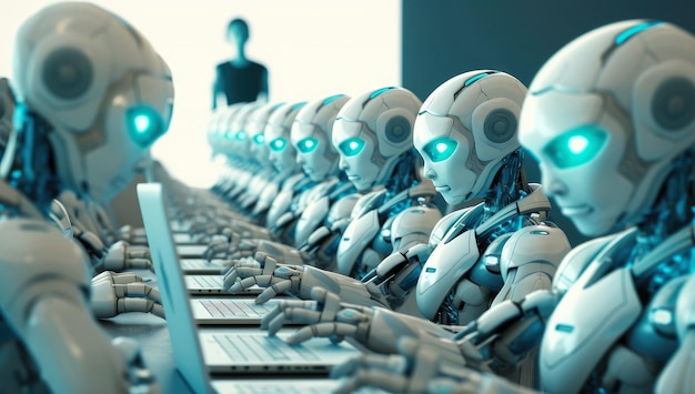 Artificial Intelligence Concept Group of Robots Sitting at Desks and Using Laptops for Education or Works extreme closeup Generative AI