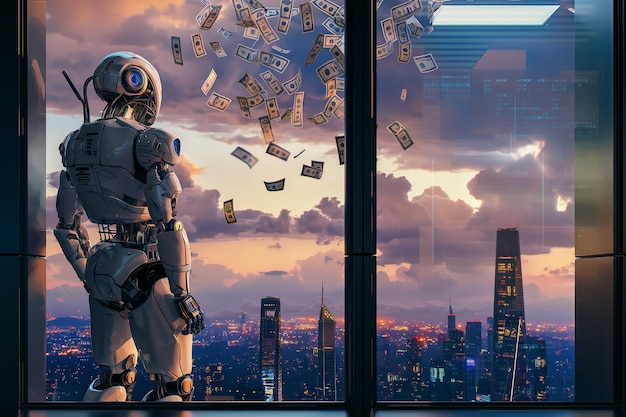 Artificial intelligence concept standing next to open window with money flying at him