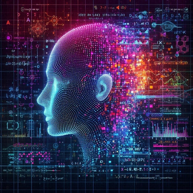 Artificial Intelligence Concept with Digital Human Head and Algorithms