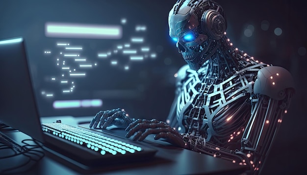 Artificial intelligence cyborg using computer and typing keyboard Technology in future Generative AI