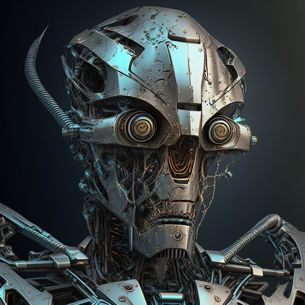 Artificial intelligence cyborg with advanced technology metal skeleton with intricate parts Generative Ai