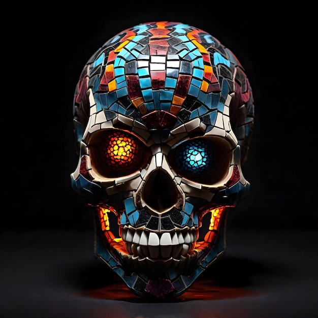 artificial intelligence generated image of the glowing mosaic sculpture of skull in darkness surreal