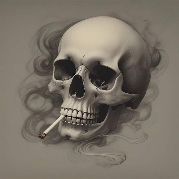 artificial intelligence generated image of a skull with a smoking cigarette emits toxic smoke