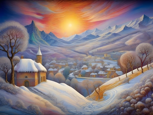 artificial intelligence generated painterly image of the 15th century fauvism winter landscape