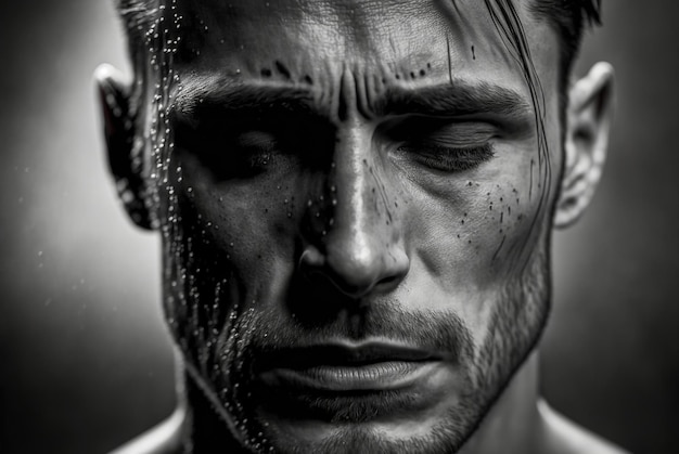 Artificial intelligence generated portrait of a dirty sweaty masculine man closeup Ai generated