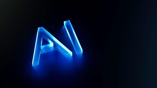 Artificial intelligence Glowing 3d Ai blue glass in black background 3d rendering