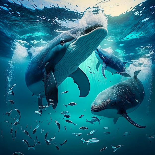 Artificial intelligence illustration of several whales playing in the water