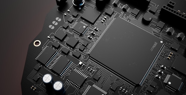 Artificial intelligence printed circuit board with microchips on a dark background 3D rendering