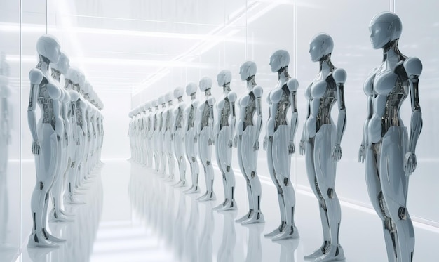 Artificial Intelligence robot in a big room with white glossy walls Futuristic technology Generative Ai