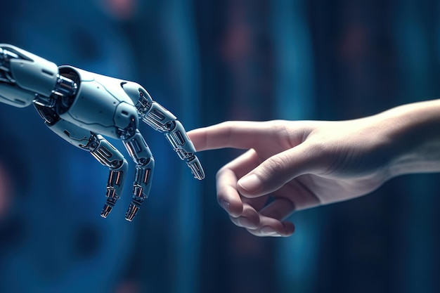 Artificial intelligence robot finger touching to human finger Generative AI