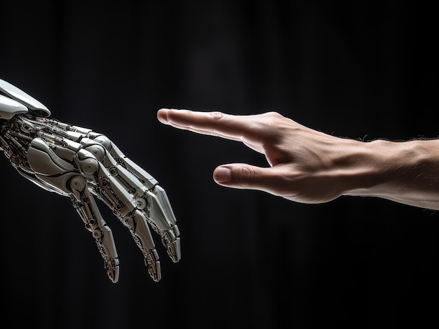 artificial intelligence a robot hand and human hand touching each other