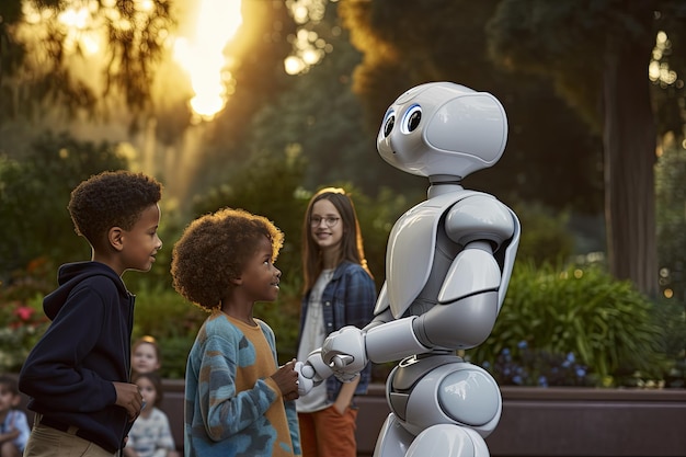 Artificial intelligence robot in a park with children