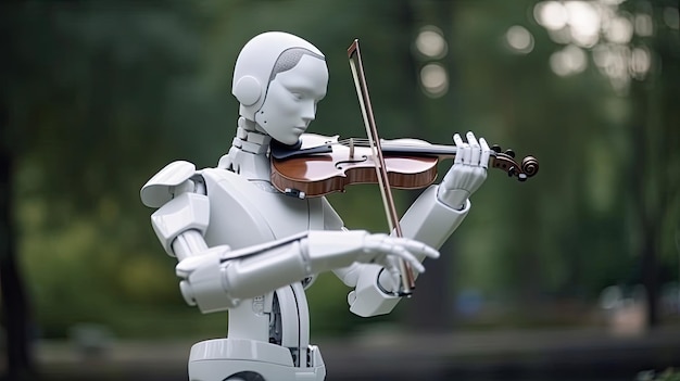 Artificial intelligence robot playing the fiddle in a beautiful park setting