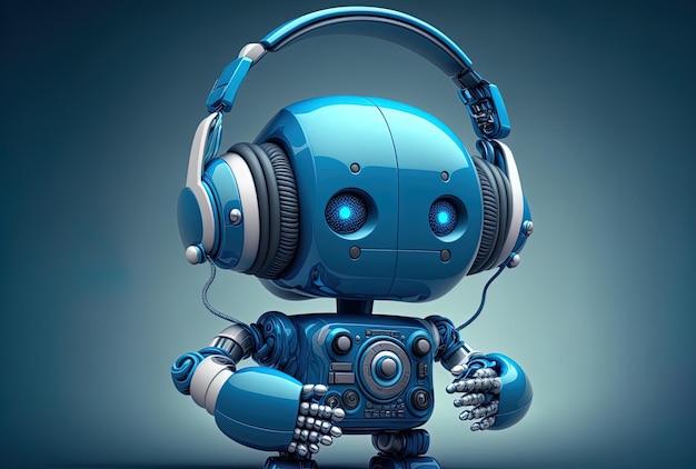 Artificial intelligence robot or robotic helper in blue wearing headphones