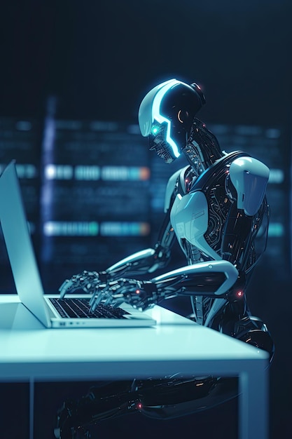 Artificial intelligence robot typing on laptop in a futuristic laboratory room ai generative