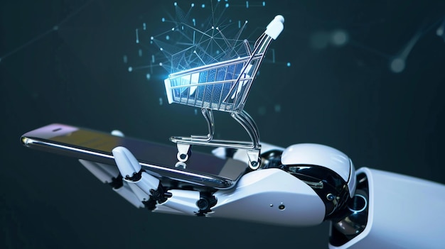 Artificial intelligence and science concept Robot hand holding cart e commerce online shopping