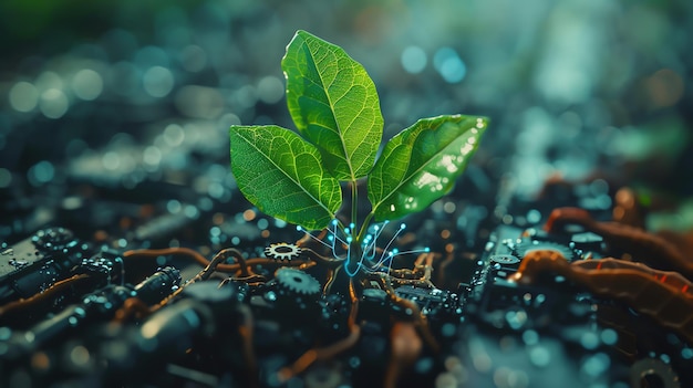 Artificial Intelligence Seedling A tiny green sprout with gears and circuits forming its leaves