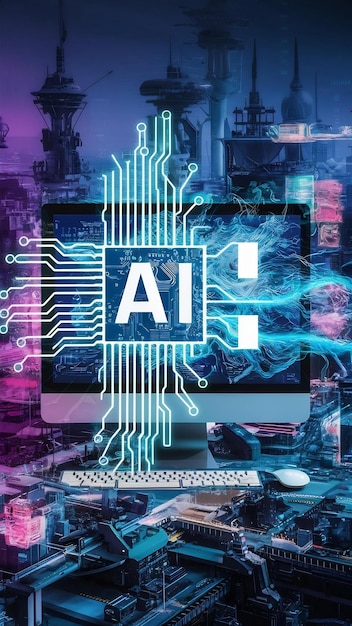 Artificial Intelligence technology double exposure circuit board AI computer buildings