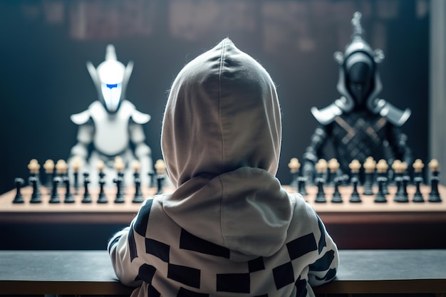 Artificial intelligence vs human beings The concept of the victory of AI over man A little boy playing chess against an AI ai generation