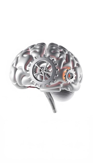 Photo artificial intelligence with human brain shape and gears isolated with white highlights