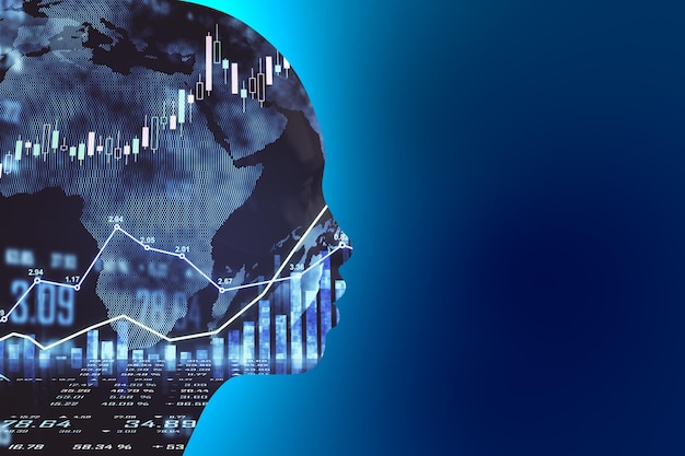 Artificial intellingence trade market concept with robot silhouette at blue background and forex chart financial graphs inside Double exposure