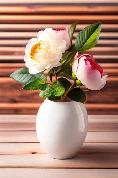 Artificial peonies flowers in white ceramic vase on the table decorating brick wall as background