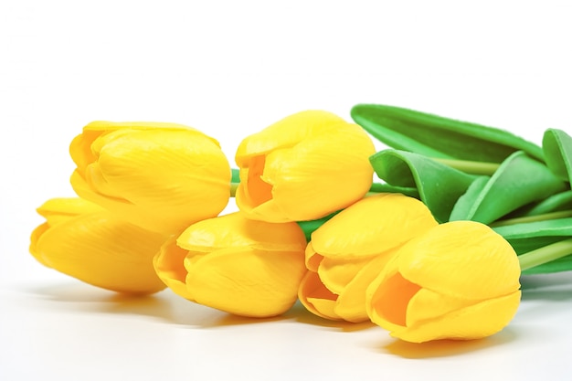 Artificial yellow tulips on white