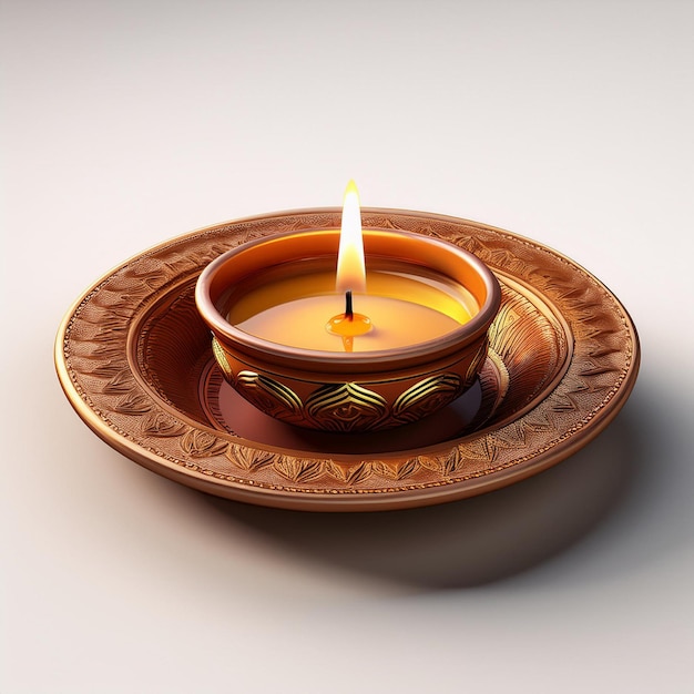 Artificially rendered Diwali ceremonial plate with luminous candle white backdrop