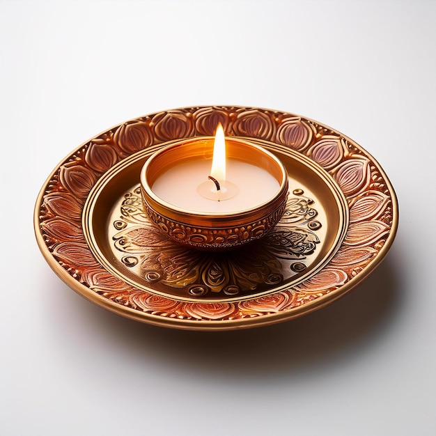 Photo artificially rendered diwali ceremonial plate with luminous candle white backdrop