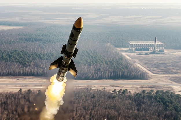 an artillery shell from a multiple launch rocket system flies against the background of a forest