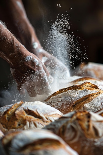 Photo artisan baker dusting flour on freshly baked rustic bread loaves perfect for print and poster designs