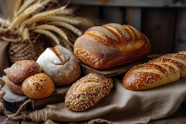 Artisan bread assortment on rustic table