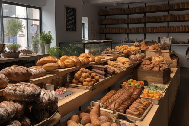 Artisan bread bakery with rows of freshly baked breads and pastries created with generative ai