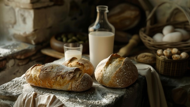 Artisan bread and milk bottle evoke a serene rustic morning ambiance