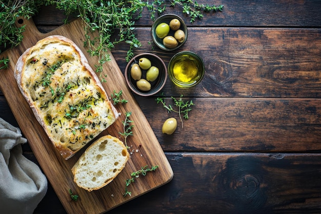 Photo artisan bread olive oil green olives rustic wooden table