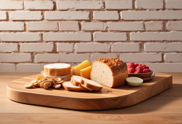 Photo artisan breads displayed on table against rustic brick wall backdrop