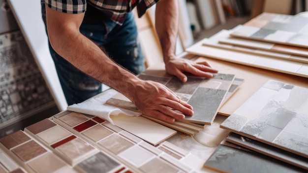 Artisan carefully selecting tiles for a home renovation project his hands focusing on a mix of patterned and plain tiles in a welllit space