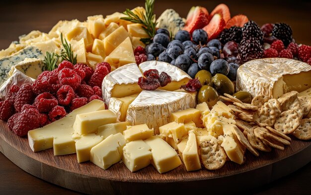 Photo artisan cheese platter featuring assorted cheeses and fruits