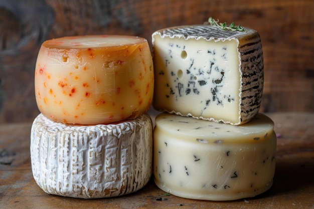 Artisan cheese selection on wooden background