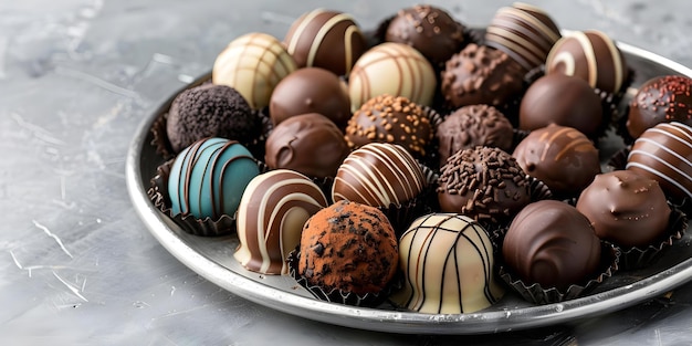 Artisan chocolate truffles on a silver platter with rich colors and textures Concept Artisan Chocolate Truffles Silver Platter Rich Colors Textures