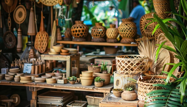 Photo artisan craft market displaying handmade wooden baskets and pottery in tropical environment