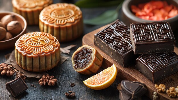 Photo artisan crafted chinese mooncakes with gourmet ingredients like dark chocolate