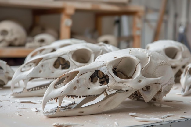 Artisan crafting animal skull replicas in workshop