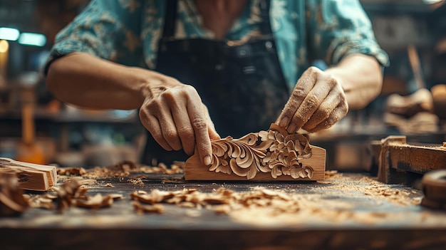 Photo artisan crafting a wooden product handmade woodworking concept